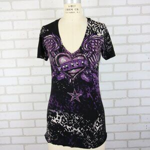 Sinful by Affliction T-Shirt Womens Small Embellished Heart Wings Grunge Y2K
